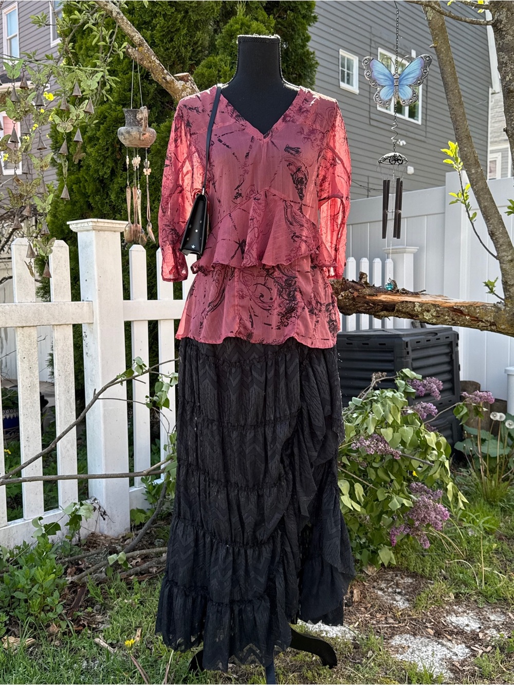 Whimsigoth Fairycore Pink Floral Sheer Layered Ruffle Blouse | Sz. XS